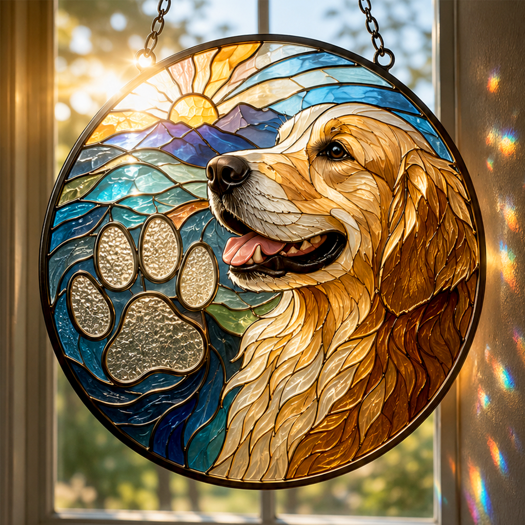 Personalized Stained Glass from Your Photo, Custom Pet Portrait Suncatcher with your pets Paw Print |