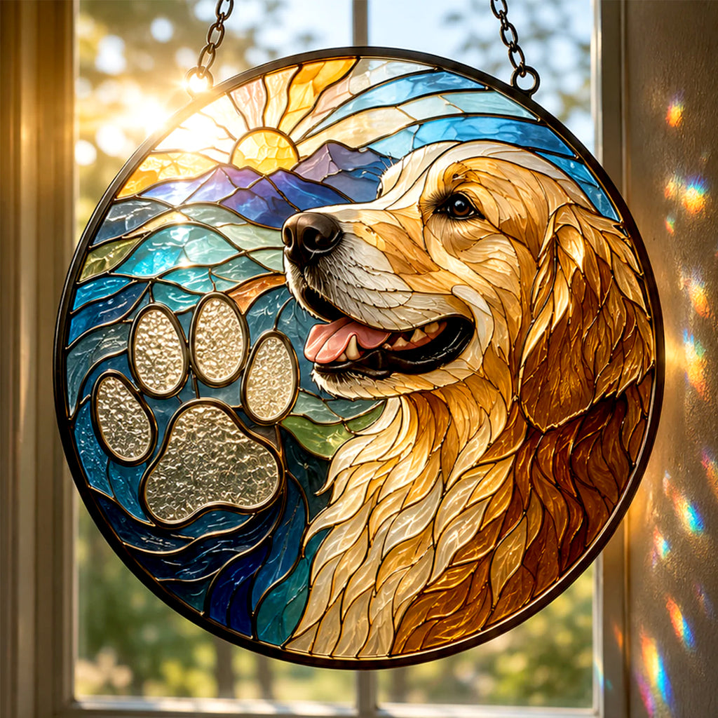 Custom Pet Portrait Suncatcher with Paw Print | Personalized Stained Glass from Your Photo