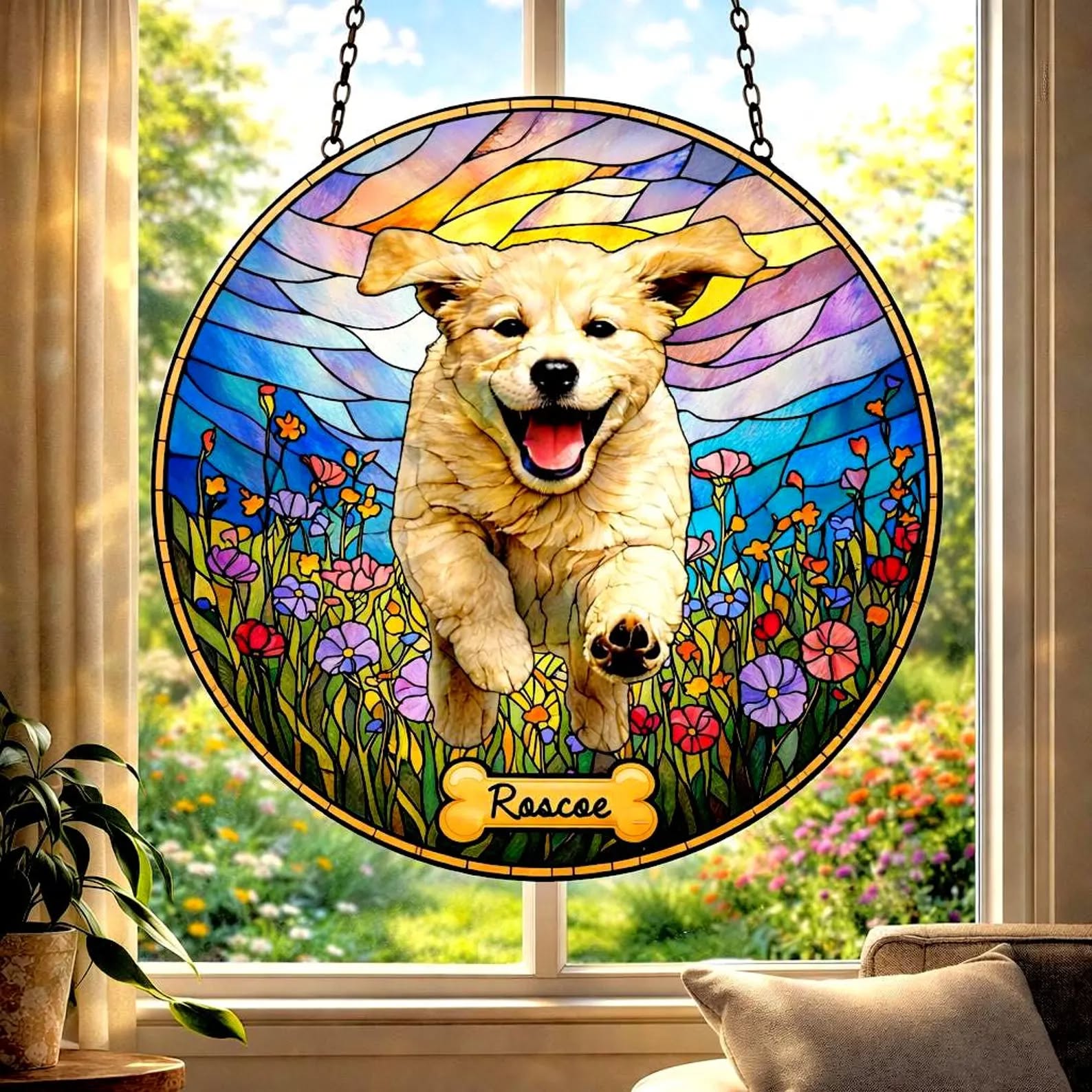 Custom Pet Stained Glass Portrait | Personalized Pet Memorial & Suncatcher Style Artwork | Handmade-Look Pet Window Art | Sparky's Pet Art