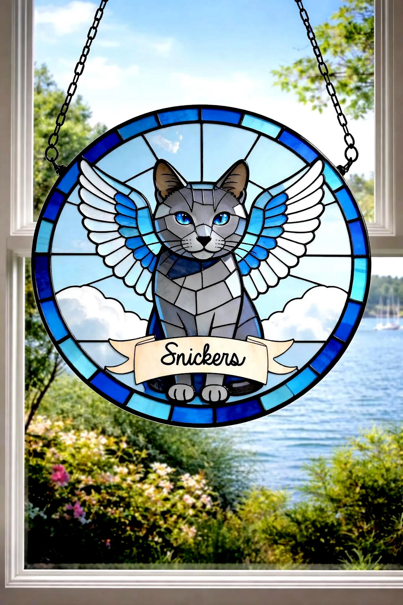 Personalized Pet Memorial | Custom Pet Cat Stained Glass Portrait  & Suncatcher Style Artwork | Handmade-Look Pet Window Art | Sparky's Pet Art