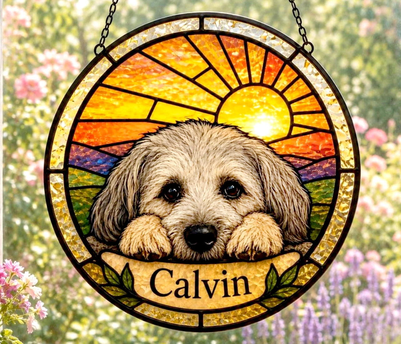 Custom Dog Portrait Suncatcher — Personalized Goldendoodle Puppy | Stained Glass from Your Photo