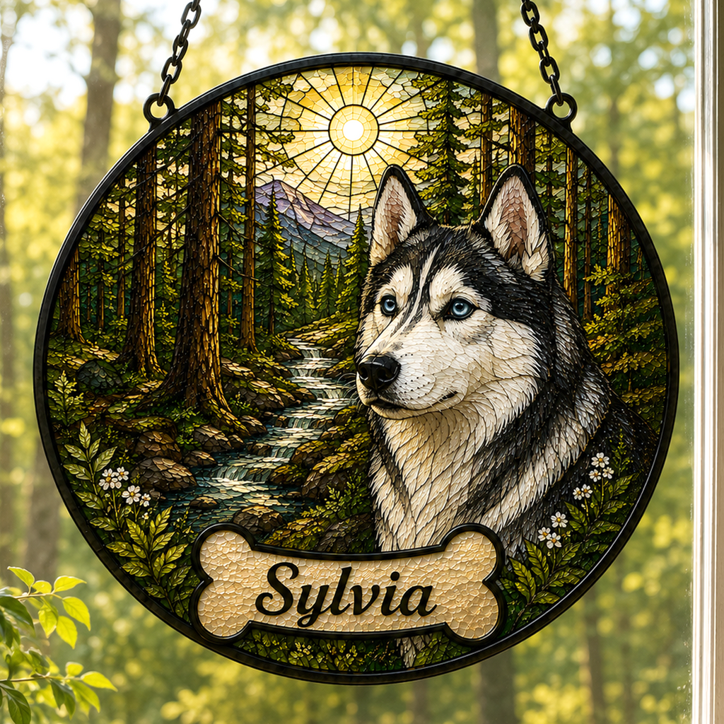 Custom Pet Portrait Suncatcher with your pets Paw Print | Personalized Stained Glass from Your Photo