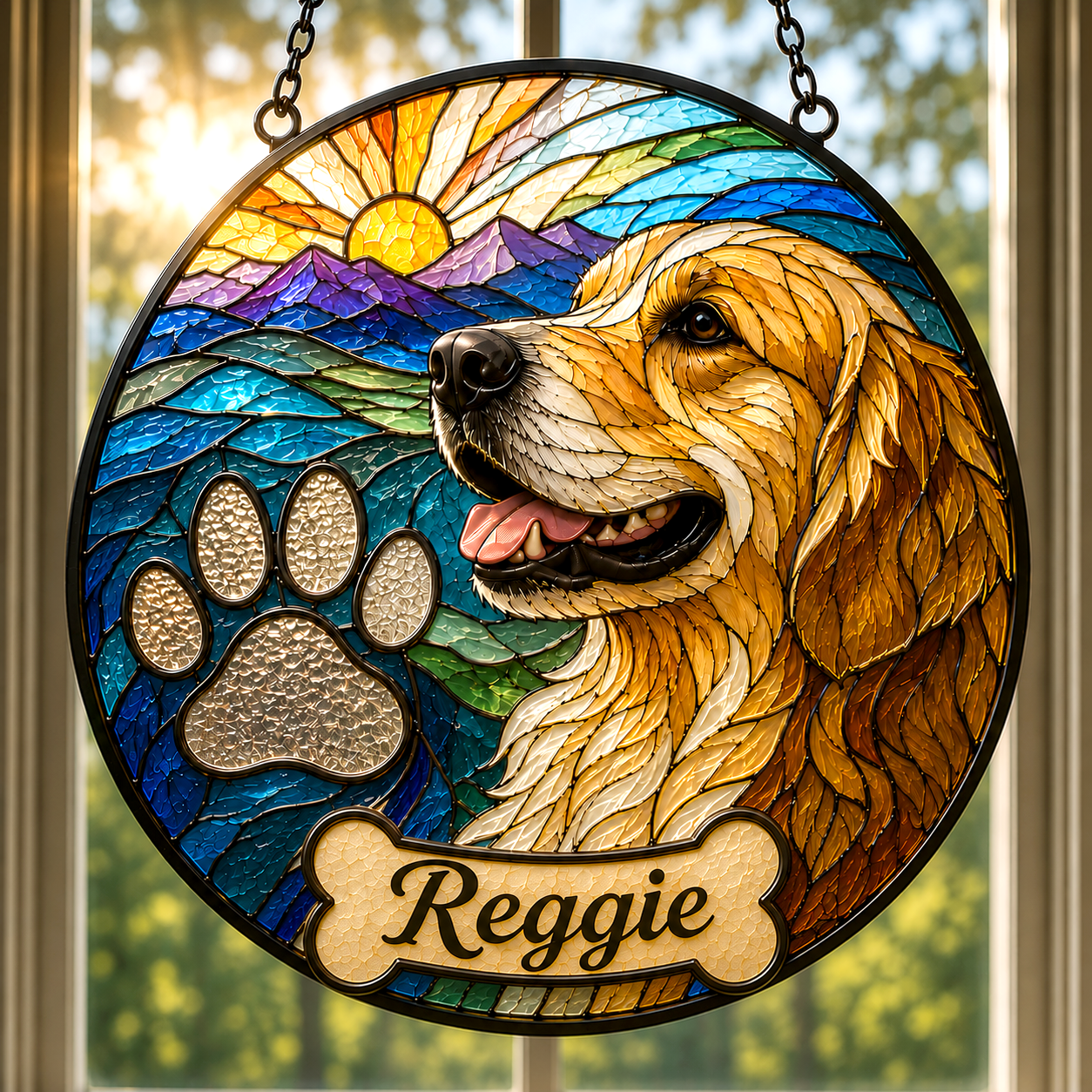 Personalized Stained Glass from Your Photo, Custom Pet Portrait Suncatcher with your pets Paw Print |