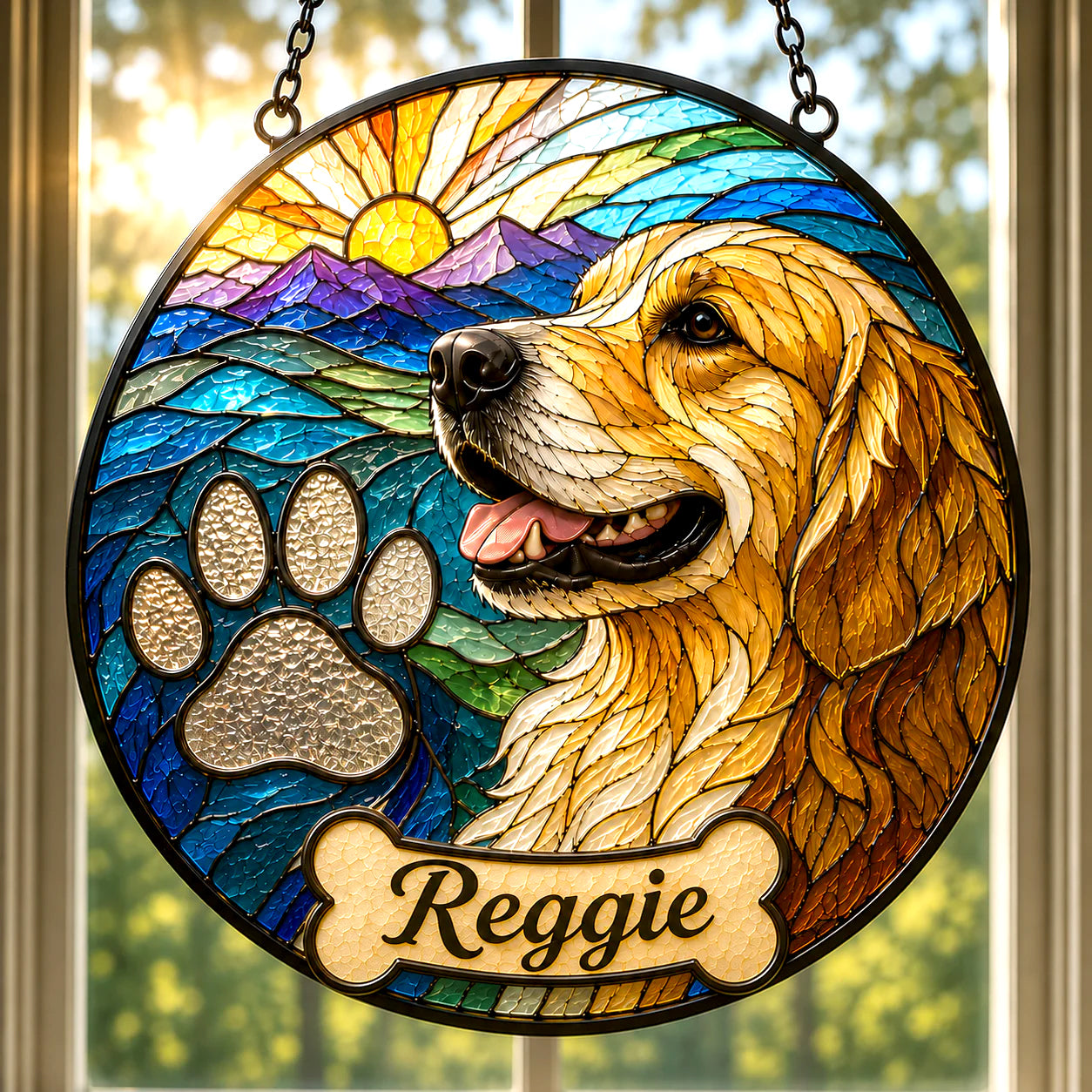 Custom Pet Portrait Suncatcher with Paw Print | Personalized Stained Glass from Your Photo
