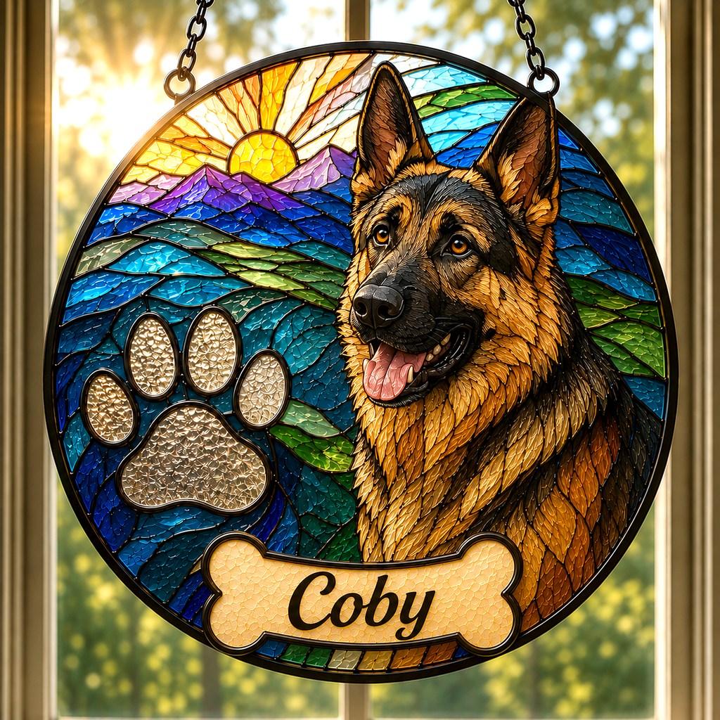 Personalized Stained Glass from Your Photo, Custom Pet Portrait Suncatcher with your pets Paw Print |