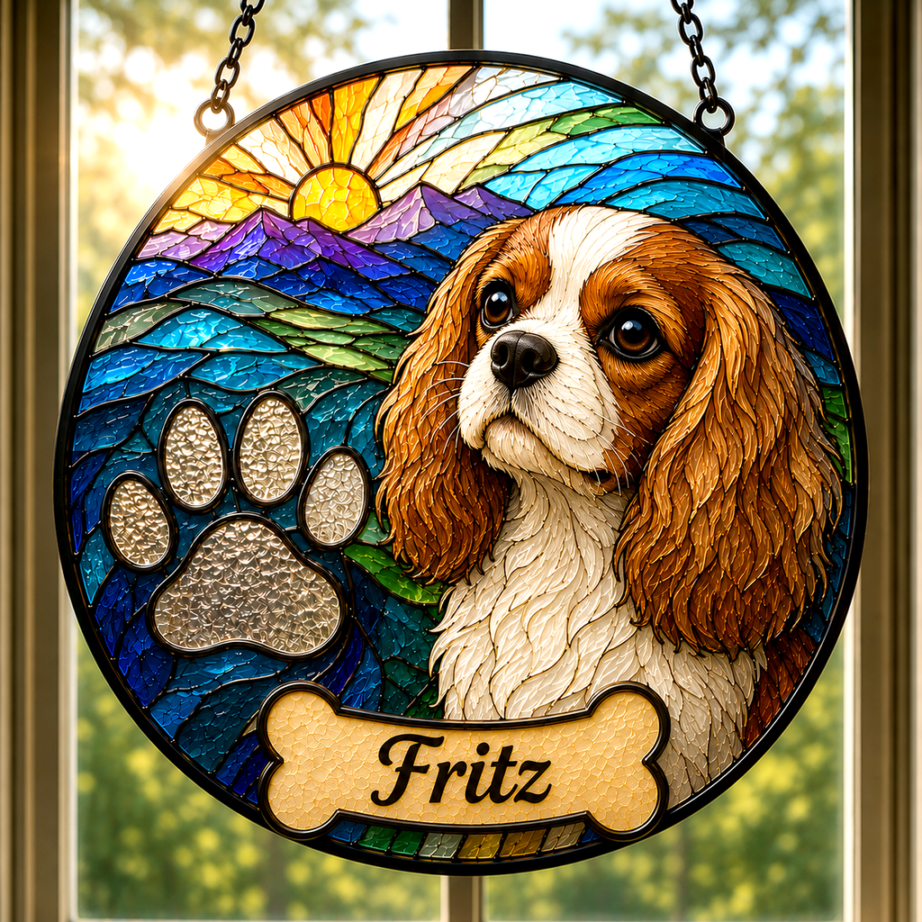 Personalized Stained Glass from Your Photo, Custom Pet Portrait Suncatcher with your pets Paw Print |