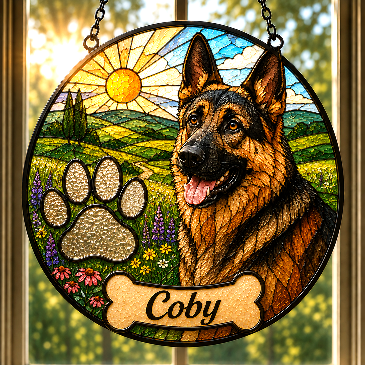 Personalized Stained Glass from Your Photo, Custom Pet Portrait Suncatcher with your pets Paw Print |