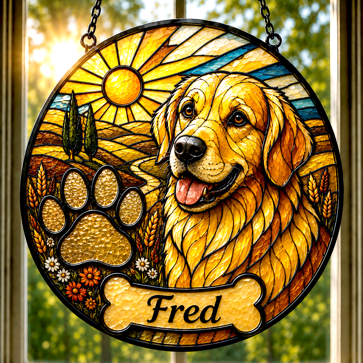 Custom Pet Portrait Suncatcher with your pets Paw Print | Personalized Stained Glass from Your Photo