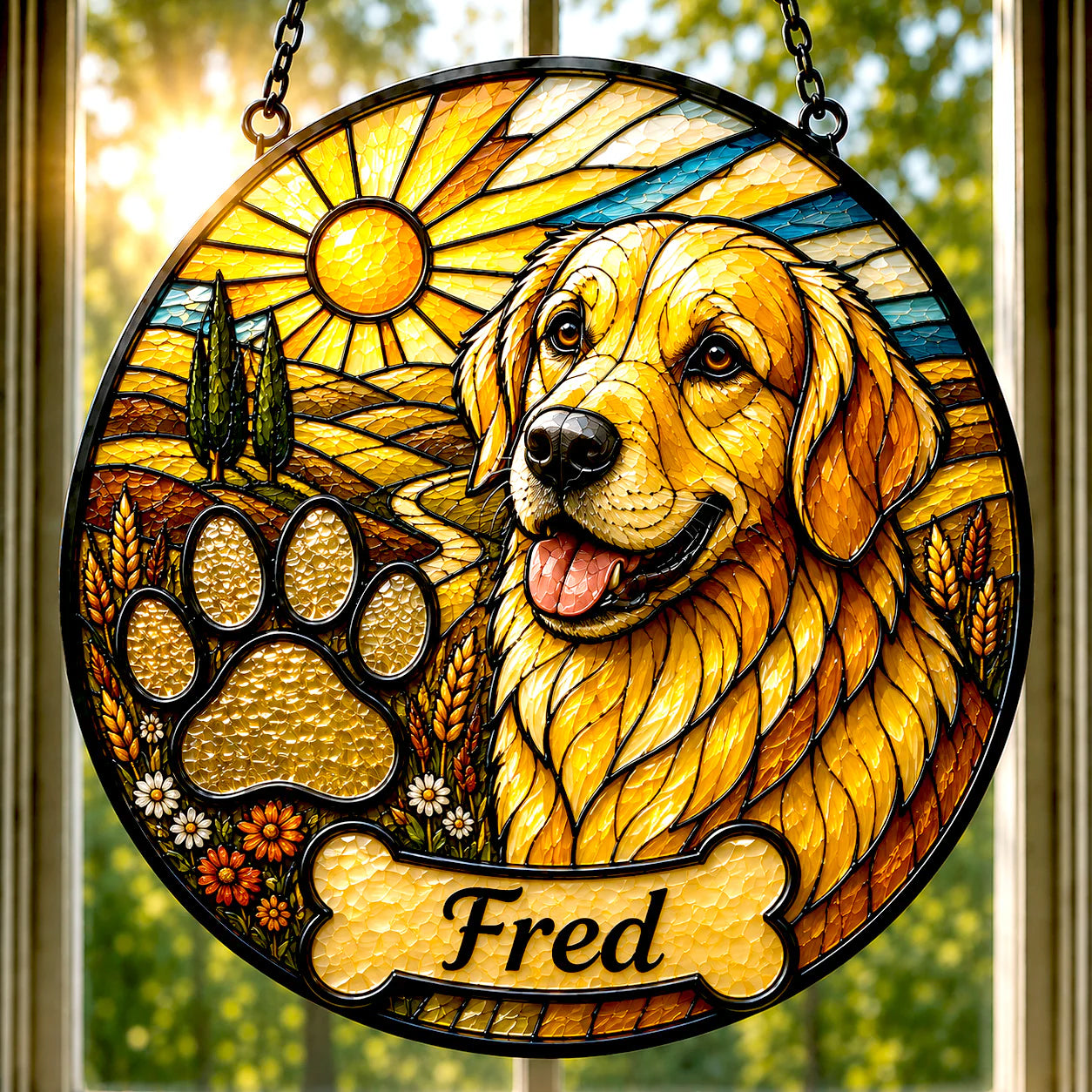 Custom Pet Portrait Suncatcher with your pets Paw Print | Personalized Stained Glass from Your Photo