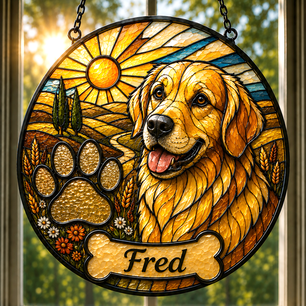 Personalized Stained Glass from Your Photo, Custom Pet Portrait Suncatcher with your pets Paw Print |