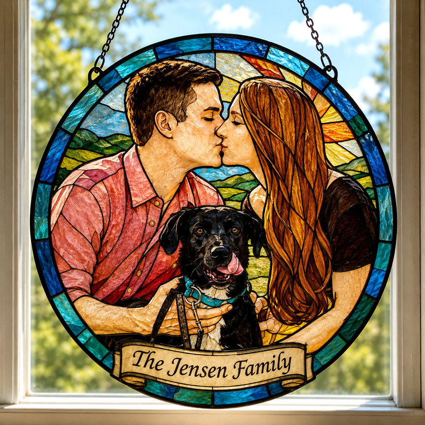 Personalized Stained Glass Style Wedding Portrait | Custom Wedding Photo Suncatcher with Dog | Bride & Groom Gift from Photo