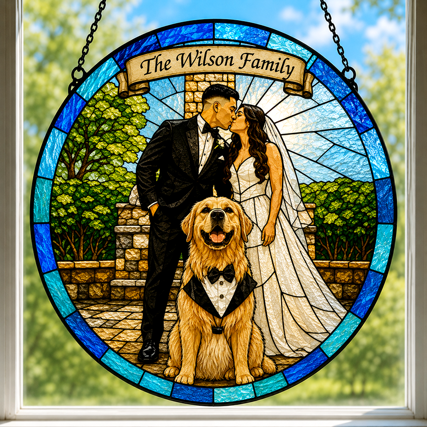 Personalized Stained Glass Style Wedding Portrait | Custom Wedding Photo Suncatcher with Dog | Bride & Groom Gift from Photo