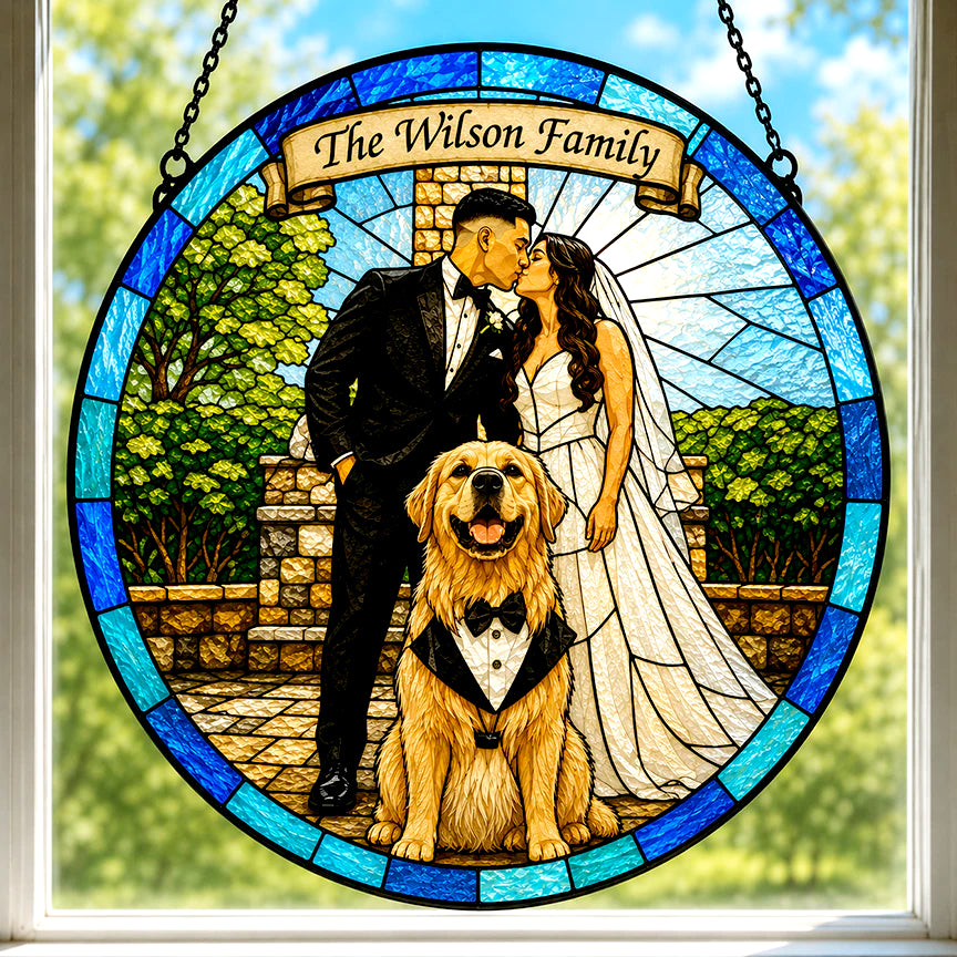 Personalized Stained Glass Style Wedding Portrait | Custom Wedding Photo Suncatcher with Dog | Bride & Groom Gift from Photo