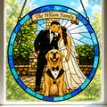Personalized Stained Glass Style Wedding Portrait | Custom Wedding Photo Suncatcher with Dog | Bride & Groom Gift from Photo