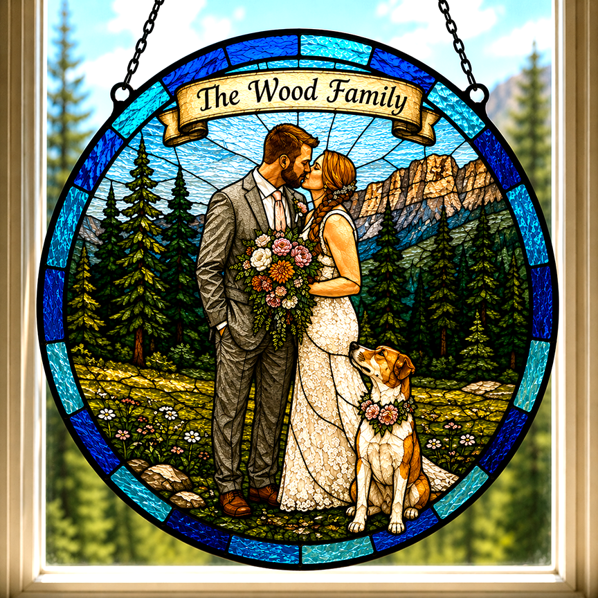 Personalized Stained Glass Style Wedding Portrait | Custom Wedding Photo Suncatcher with Dog | Bride & Groom Gift from Photo