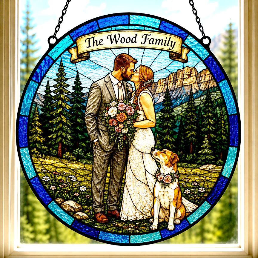 Personalized Stained Glass Style Wedding Portrait | Custom Wedding Photo Suncatcher with Dog | Bride & Groom Gift from Photo