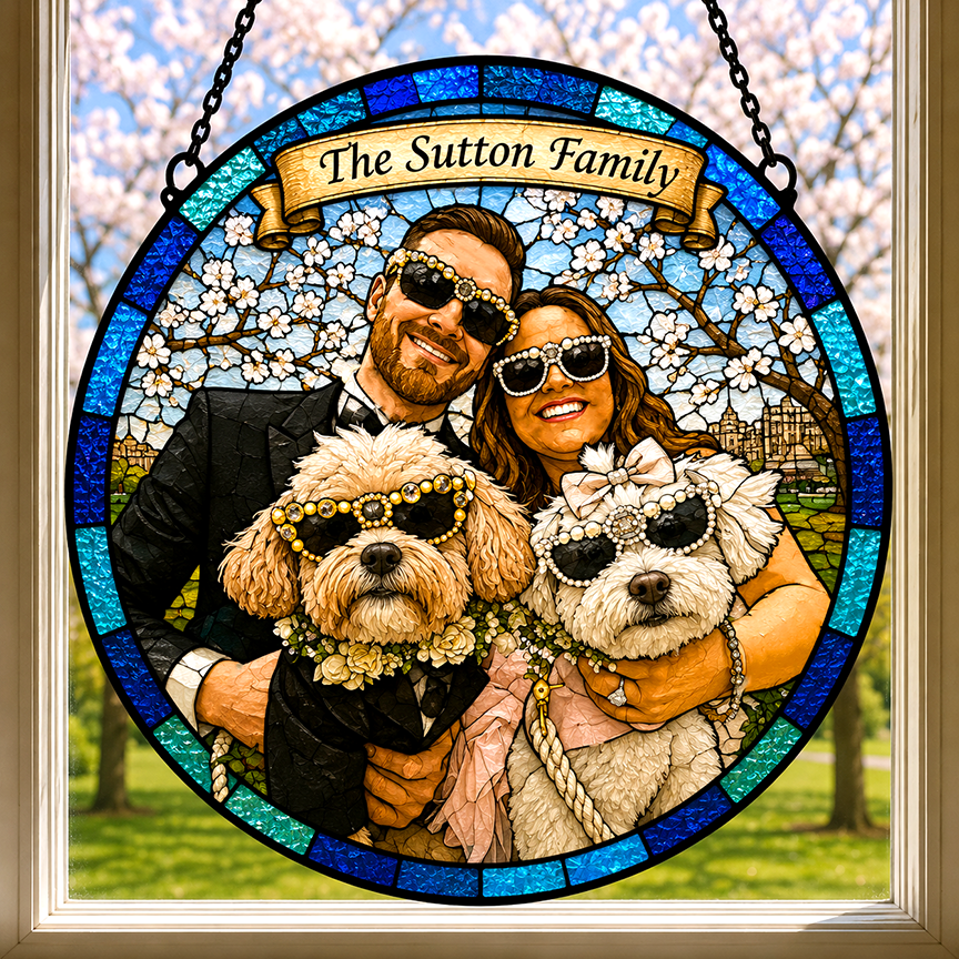 Personalized Stained Glass Style Wedding Portrait | Custom Wedding Photo Suncatcher with Dog | Bride & Groom Gift from Photo