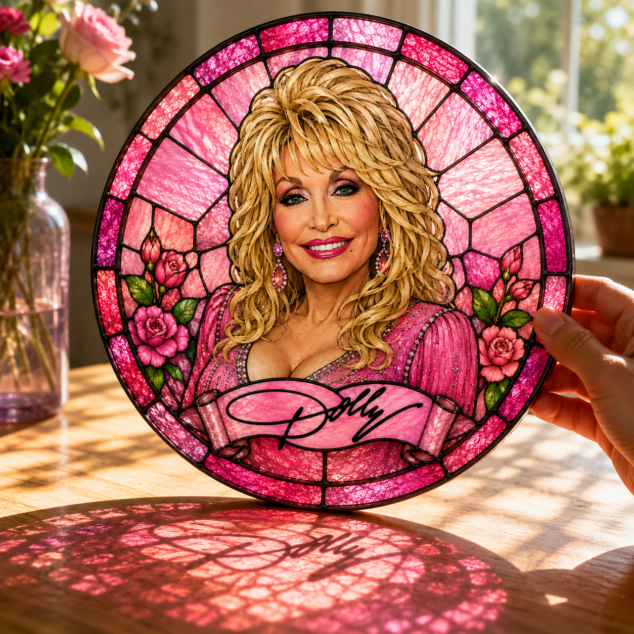 Dolly Parton Tribute Suncatcher – Pink Stained Glass Style Window Art