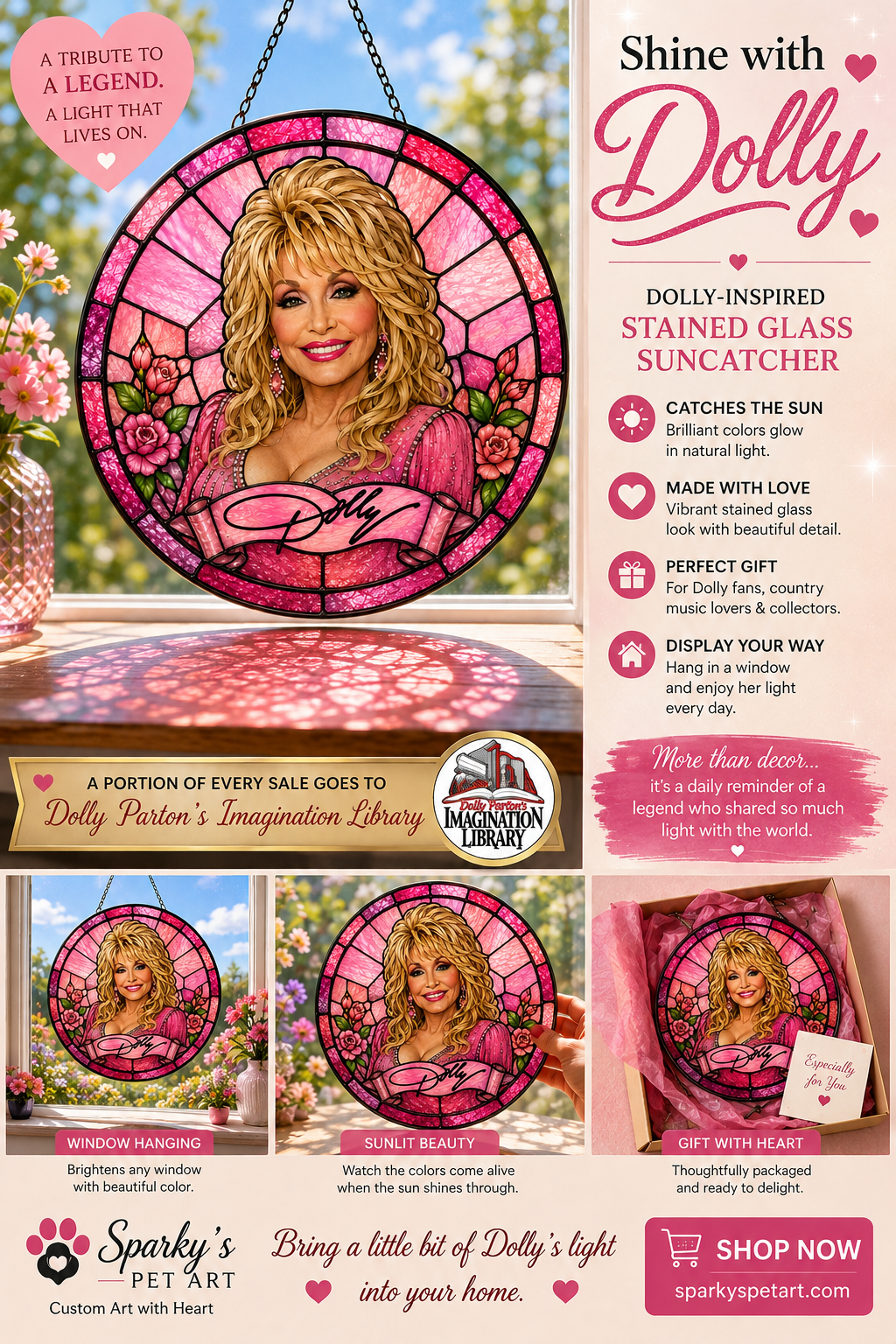 Dolly Parton Tribute Suncatcher – Pink Stained Glass Style Window Art