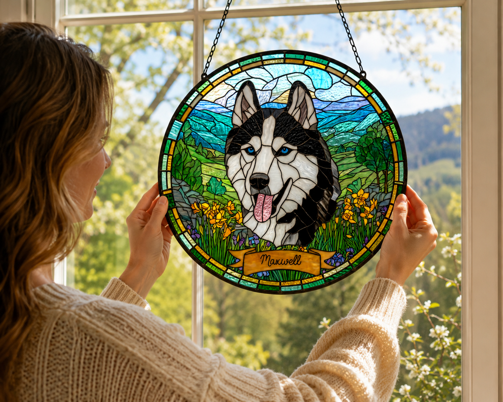 Custom Pet Portrait Suncatcher | Stained Glass Style Window Hanging | Personalized Dog Cat Memorial Gift Made from Your Photo