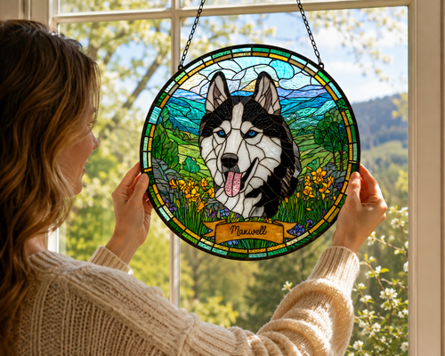 Custom Pet Portrait Suncatcher | Stained Glass Style Window Hanging | Personalized Dog Cat Memorial Gift Made from Your Photo