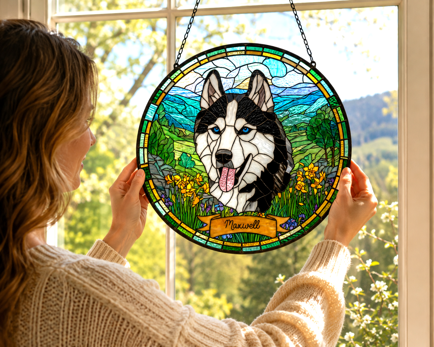 Personalized Pet Memorial | Custom Pet Stained Glass Portrait  & Suncatcher Style Artwork | Handmade-Look Pet Window Art | Sparky's Pet Art