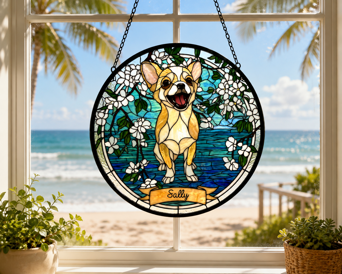 Personalized Pet Memorial | Custom Pet Stained Glass Portrait  & Suncatcher Style Artwork | Handmade-Look Pet Window Art | Sparky's Pet Art