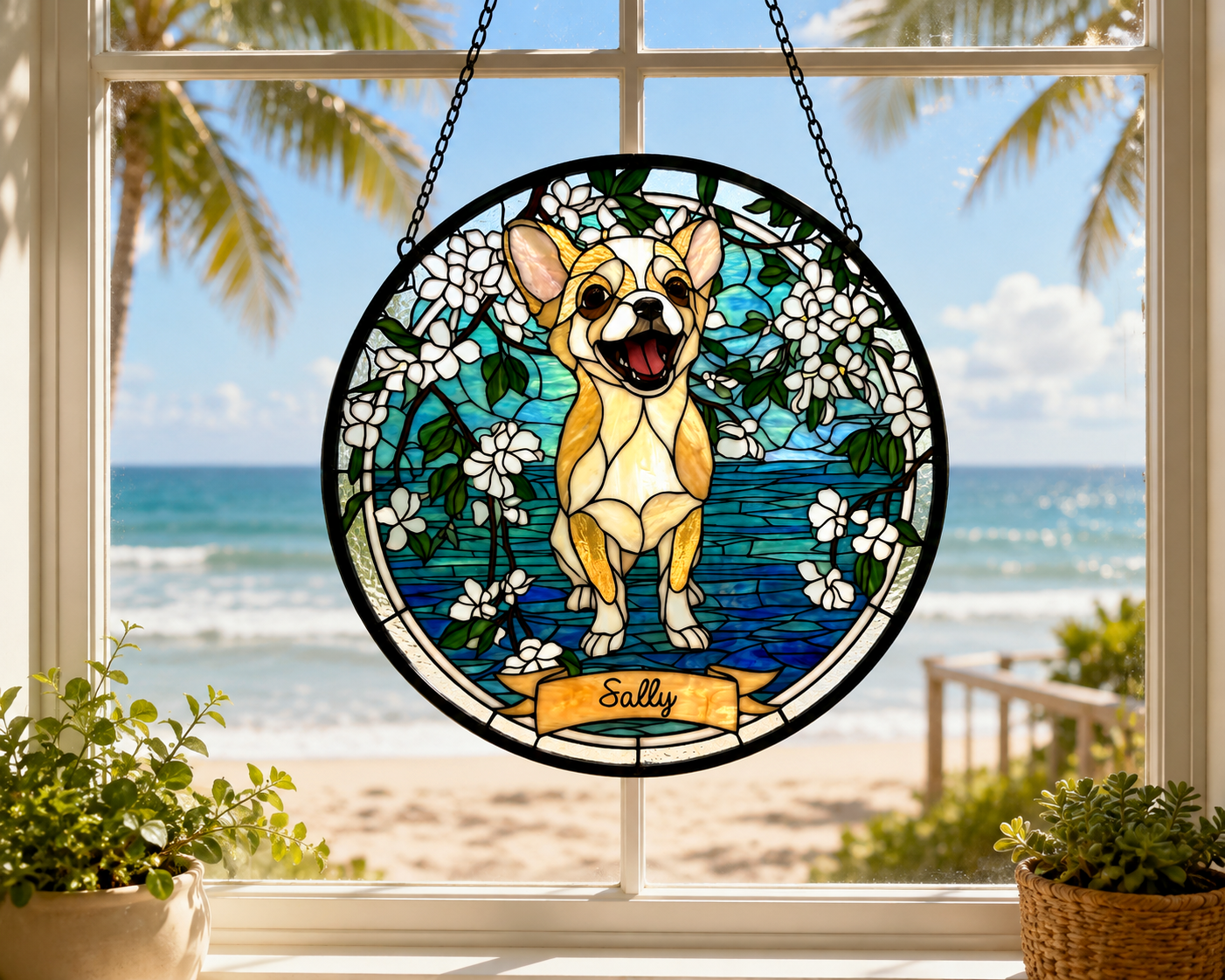 Personalized Pet Memorial | Custom Pet Stained Glass Portrait  & Suncatcher Style Artwork | Handmade-Look Pet Window Art | Sparky's Pet Art