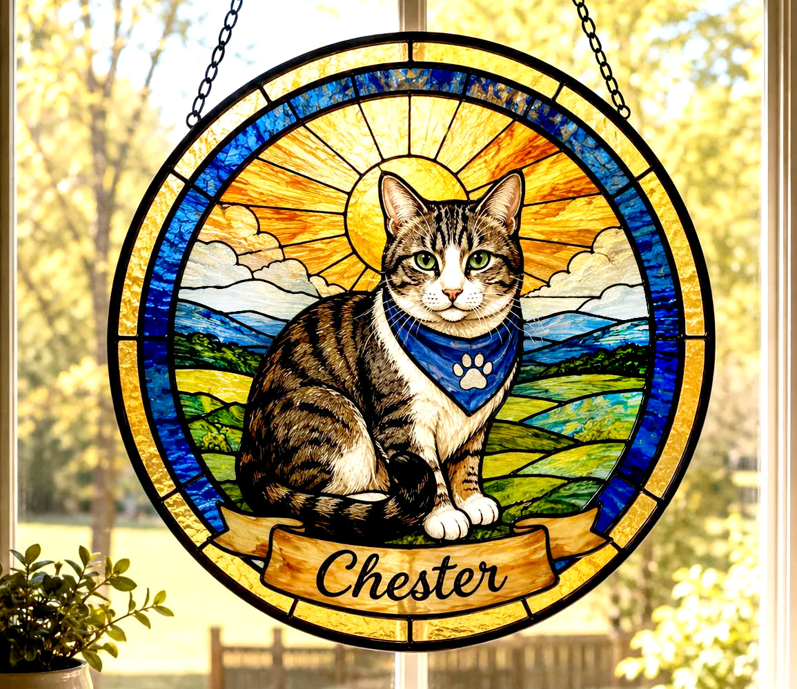 Custom Cat Portrait Suncatcher — Tabby, Sunny Landscape | Stained Glass Style from Your Photo