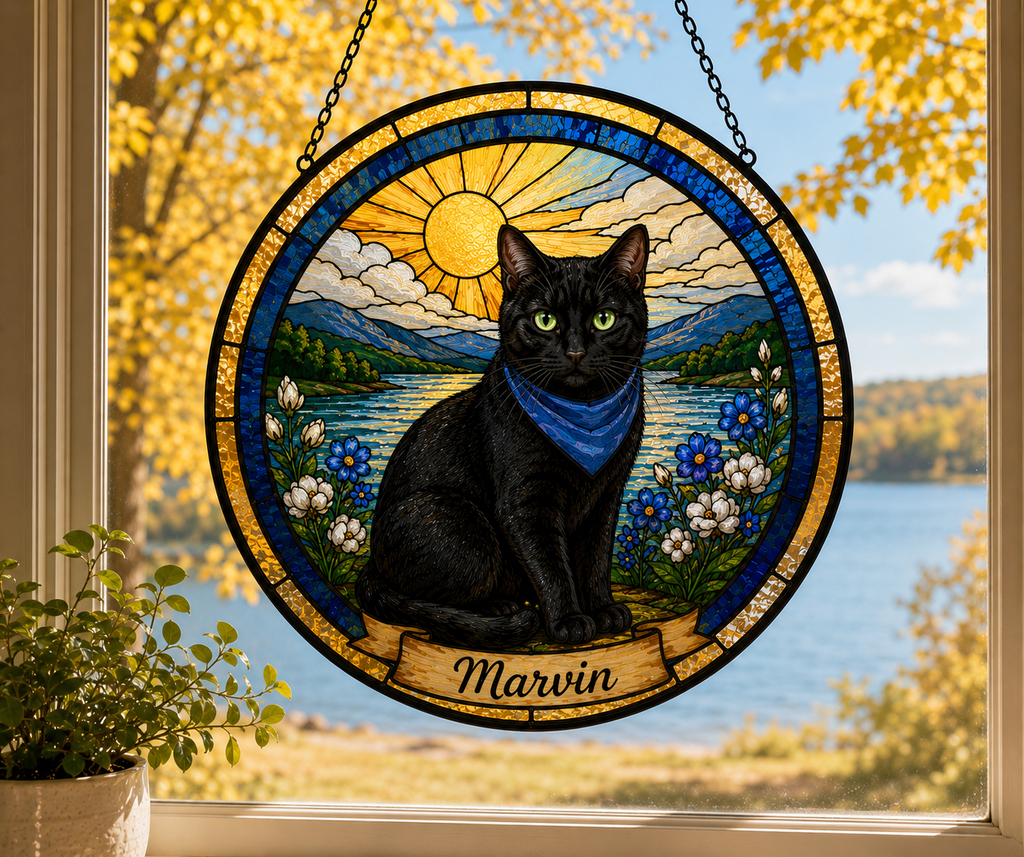 Personalized Pet Memorial | Custom Pet Cat Stained Glass Portrait  & Suncatcher Style Artwork | Handmade-Look Pet Window Art | Sparky's Pet Art