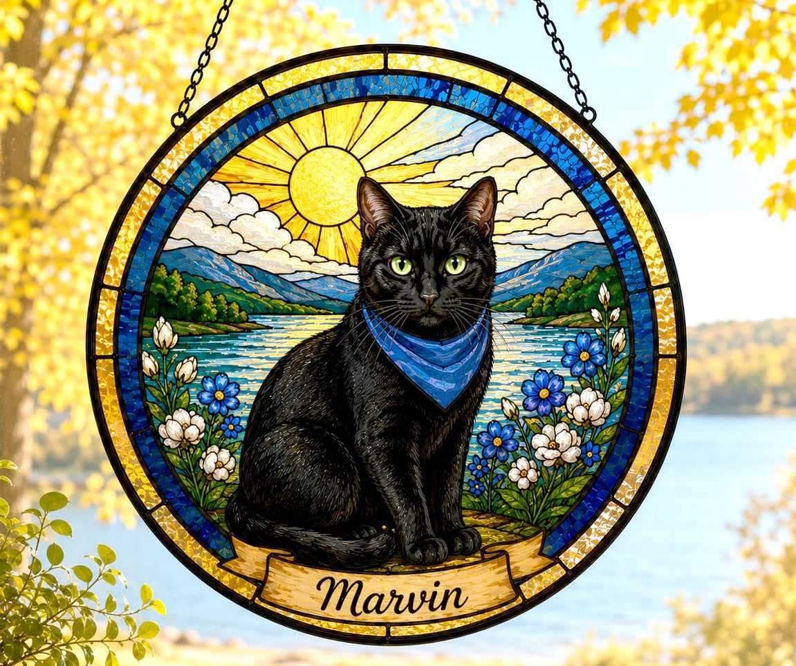 Custom Cat Portrait Suncatcher — Tabby, Sunny Landscape | Stained Glass Style from Your Photo