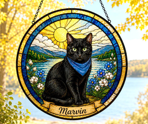 Custom Cat Portrait Suncatcher — Tabby, Sunny Landscape | Stained Glass Style from Your Photo