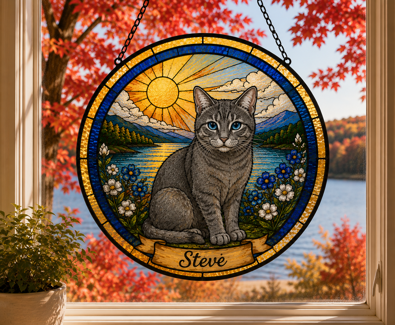 Personalized Pet Memorial | Custom Pet Cat Stained Glass Portrait  & Suncatcher Style Artwork | Handmade-Look Pet Window Art | Sparky's Pet Art
