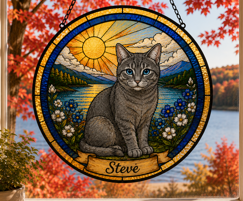 Custom Cat Portrait Suncatcher — Tabby, Sunny Landscape | Stained Glass Style from Your Photo