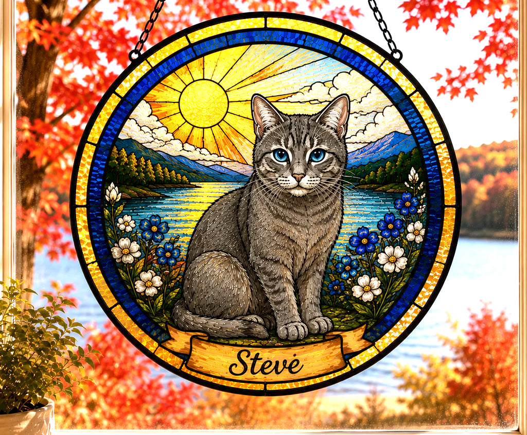 Custom Cat Portrait Suncatcher — Tabby, Sunny Landscape | Stained Glass Style from Your Photo