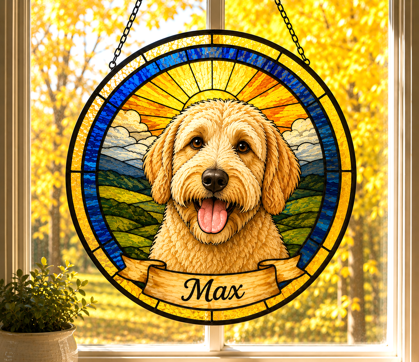Personalized Pet Memorial | Custom Pet Stained Glass Portrait  & Suncatcher Style Artwork | Handmade-Look Pet Window Art | Sparky's Pet Art
