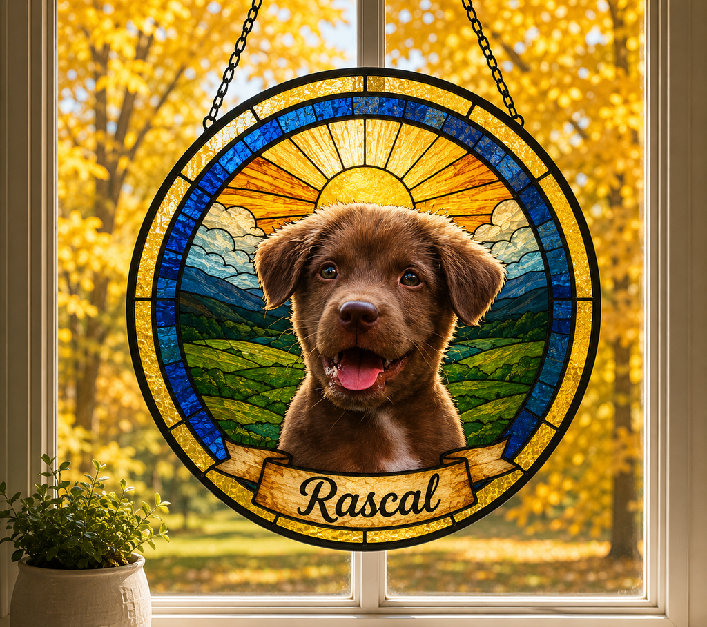 Custom Pet Portrait Suncatcher | Stained Glass Style Window Hanging | Personalized Dog Cat Memorial Gift Made from Your Photo