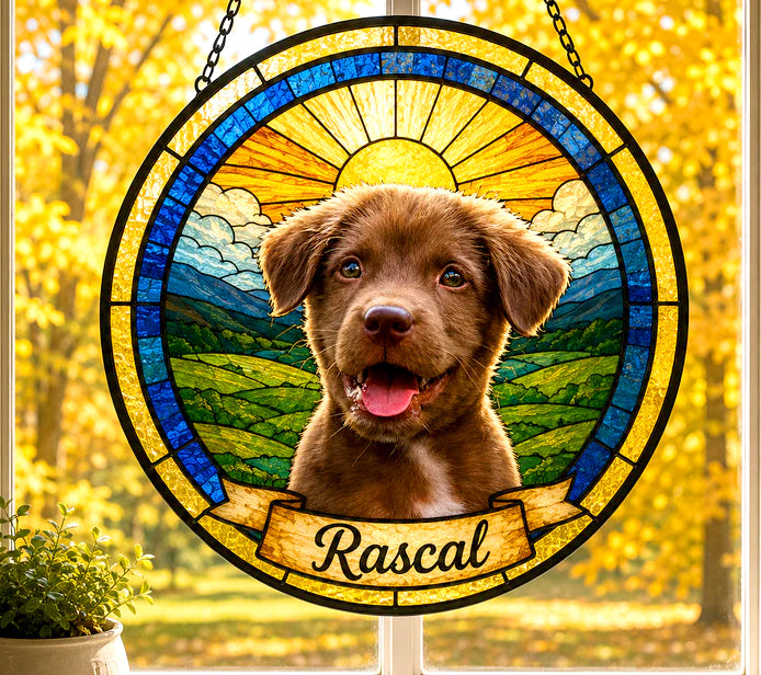 Custom Dog Portrait Suncatcher — Chocolate Lab, Sunny Hills | Stained Glass Style from Your Photo
