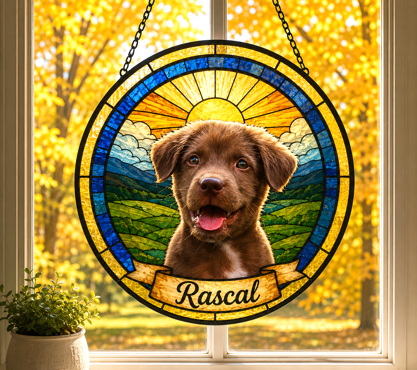 Personalized Pet Memorial | Custom Pet Stained Glass Portrait  & Suncatcher Style Artwork | Handmade-Look Pet Window Art | Sparky's Pet Art