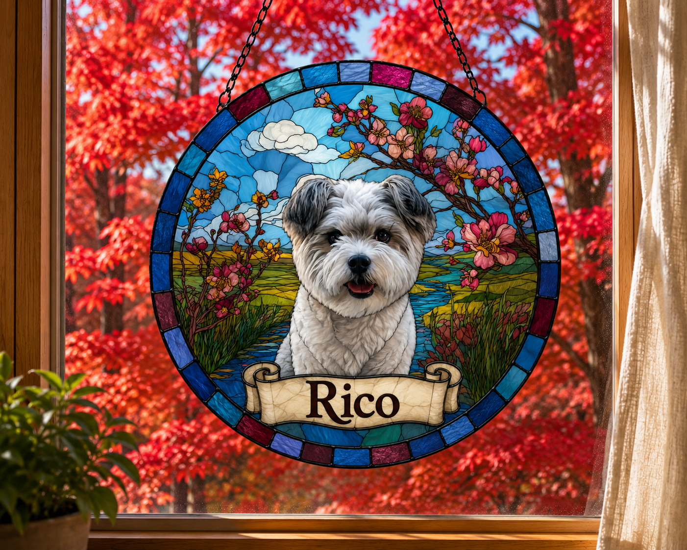 Custom Pet Portrait Suncatcher | Stained Glass Style Window Hanging | Personalized Dog Cat Memorial Gift Made from Your Photo
