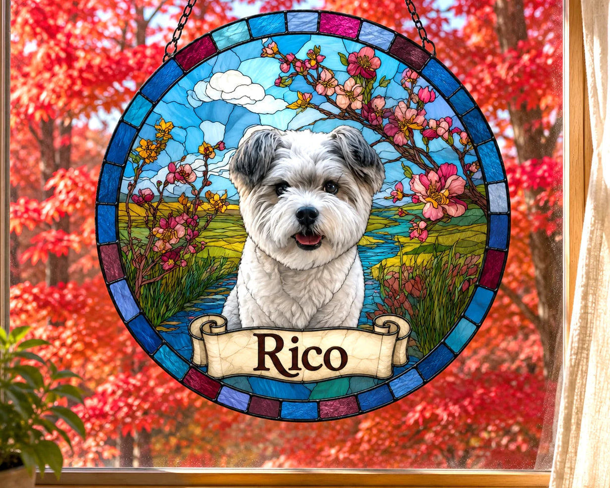Custom Dog Portrait Suncatcher | Rainbow Bridge Gift, Personalized Pet Memorial Gift  —  Stained Glass from Your Photo