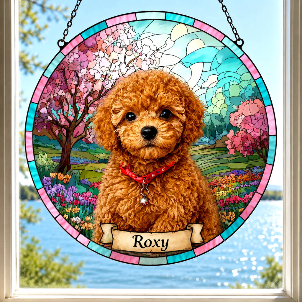 Custom Dog Portrait Suncatcher — Personalized Apricot Poodle | Stained Glass from Your Photo