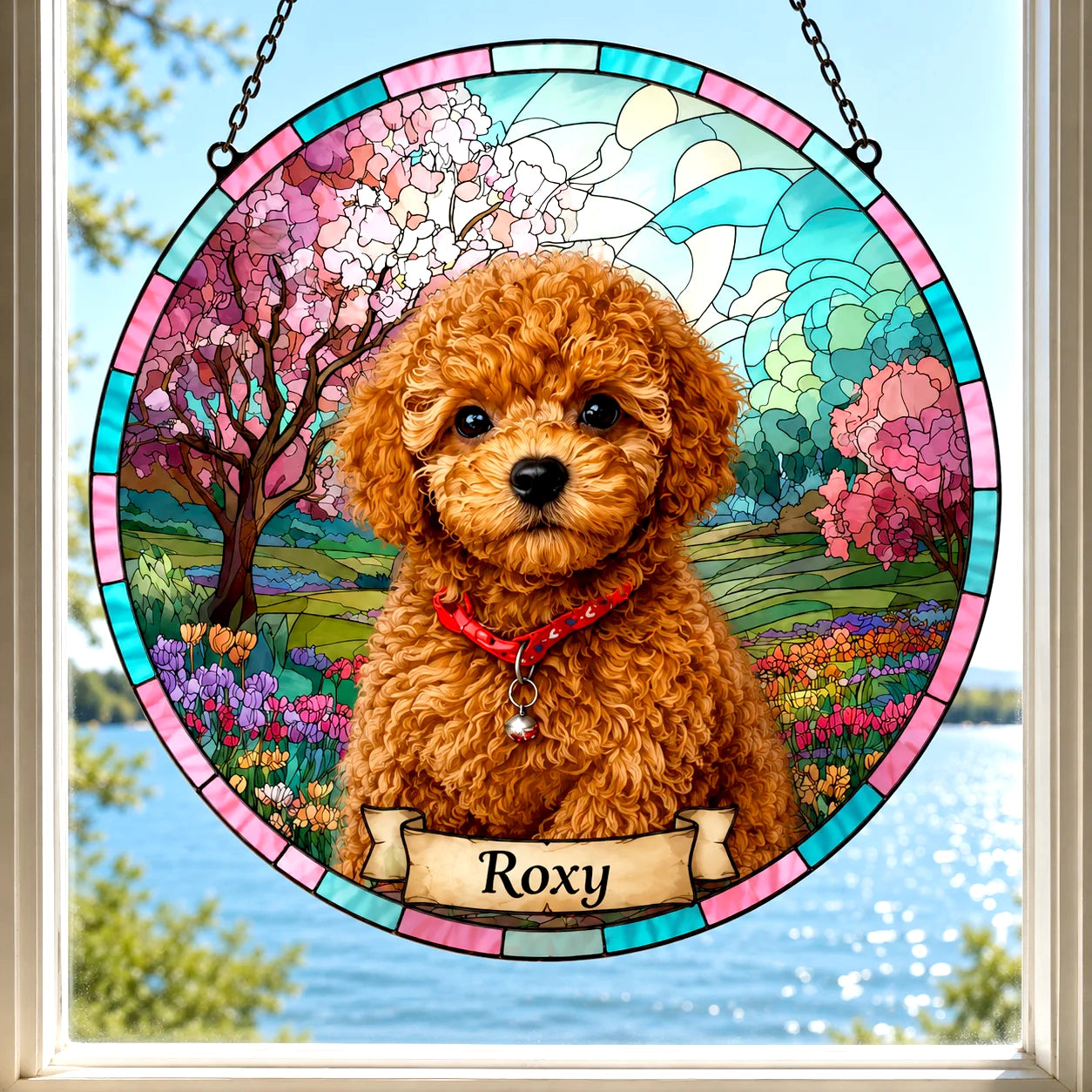 Custom Dog Portrait Suncatcher — Personalized Apricot Poodle | Stained Glass from Your Photo