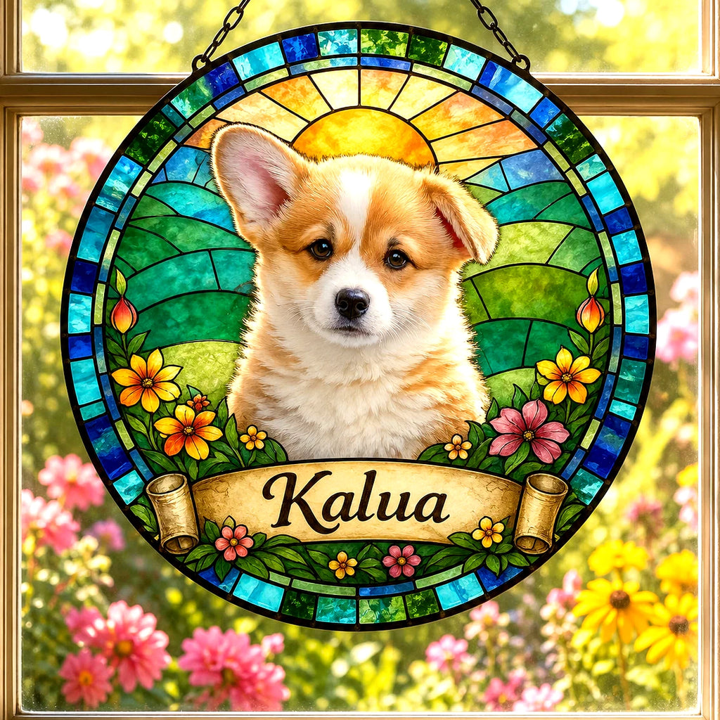 Custom Dog Portrait Suncatcher — Personalized Corgi Puppy | Stained Glass from Your Photo