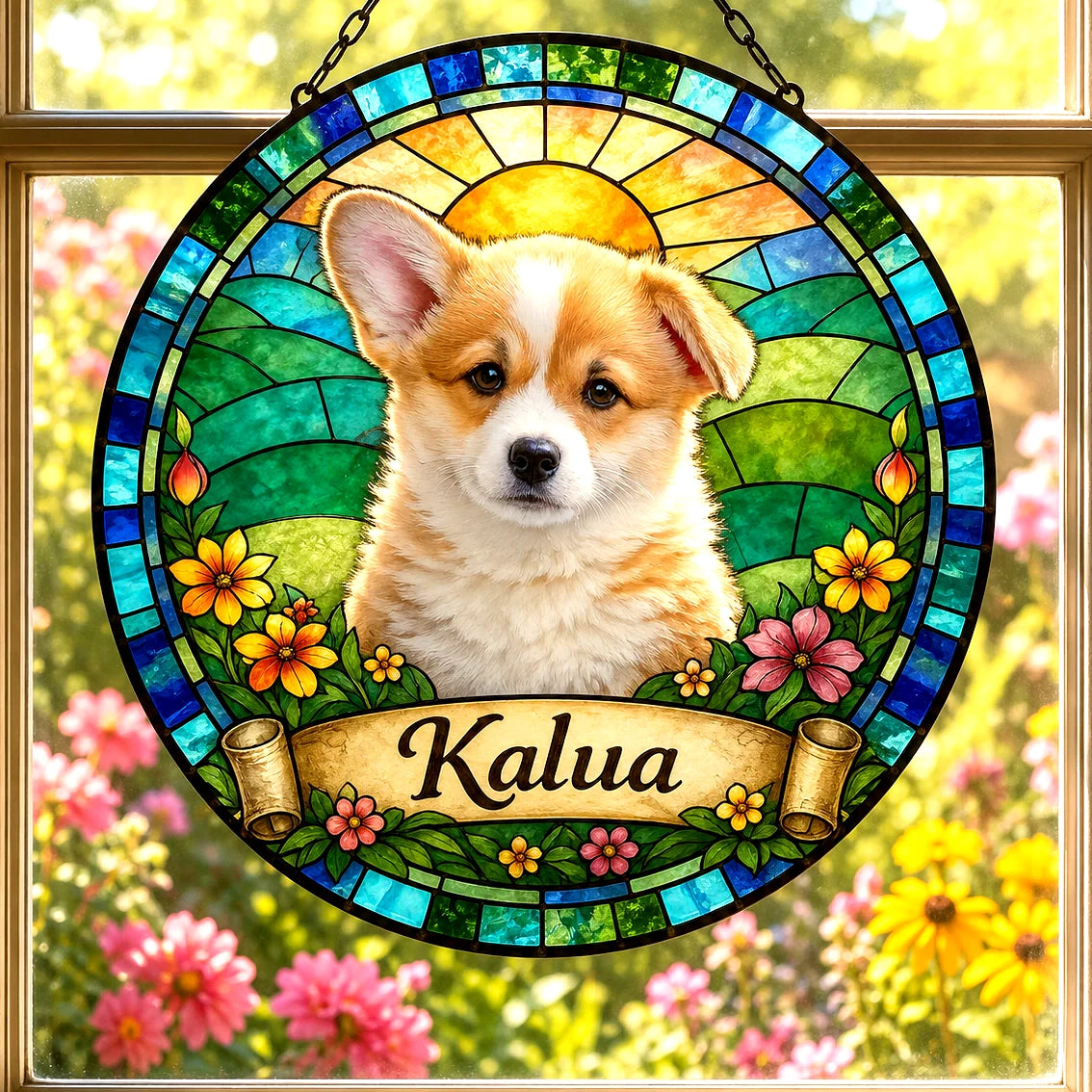 Custom Dog Portrait Suncatcher — Personalized Corgi Puppy | Stained Glass from Your Photo