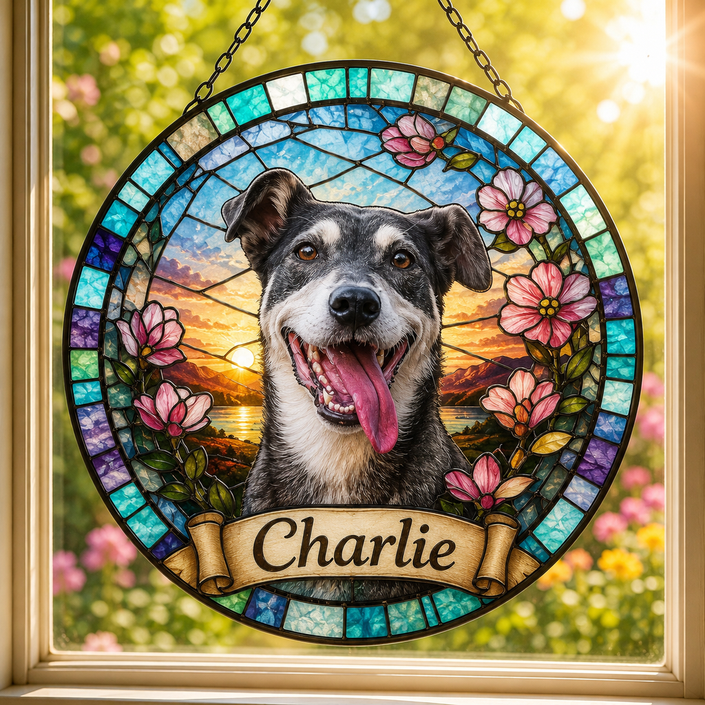 Custom Pet Stained Glass Portrait | Personalized Pet Memorial & Suncatcher Style Artwork | Handmade-Look Pet Window Art | Sparky's Pet Art