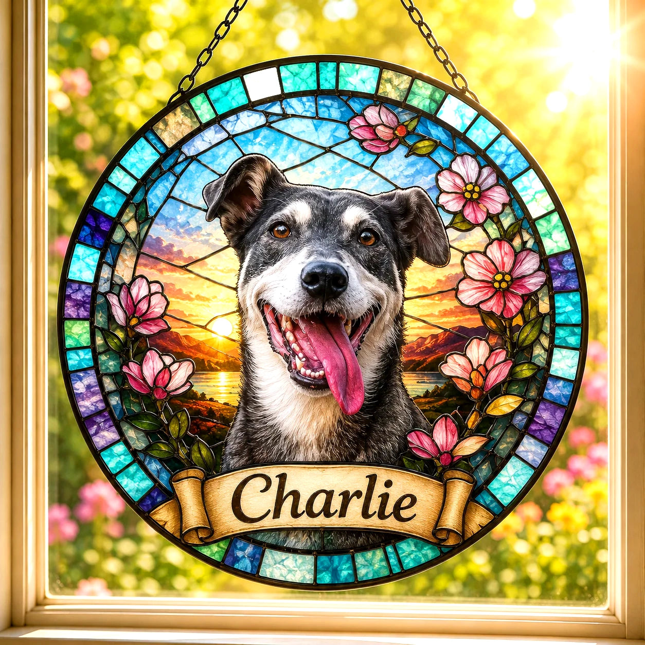 Custom Dog Portrait Suncatcher — Personalized Mixed Breed | Stained Glass from Your Photo