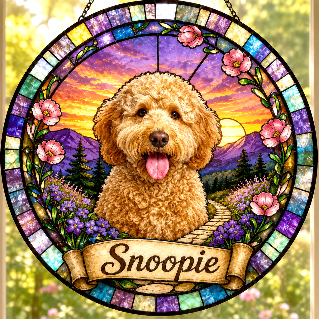 Custom Dog Portrait Suncatcher — Personalized Goldendoodle | Stained Glass from Your Photo