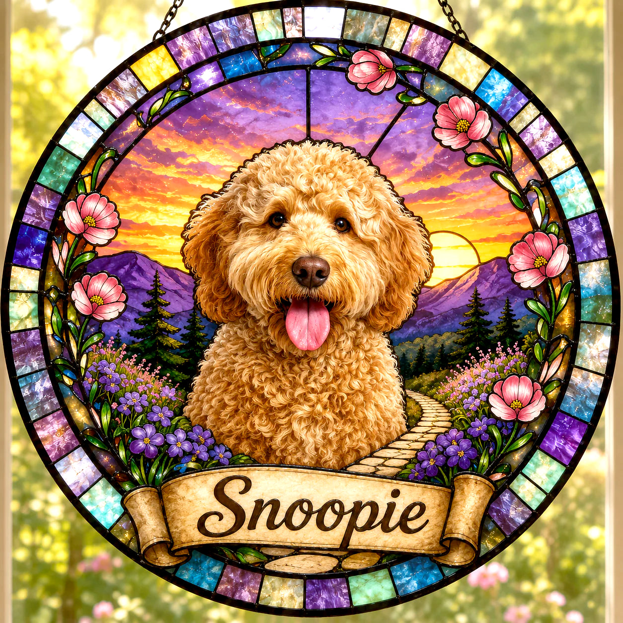 Custom Dog Portrait Suncatcher — Personalized Goldendoodle | Stained Glass from Your Photo