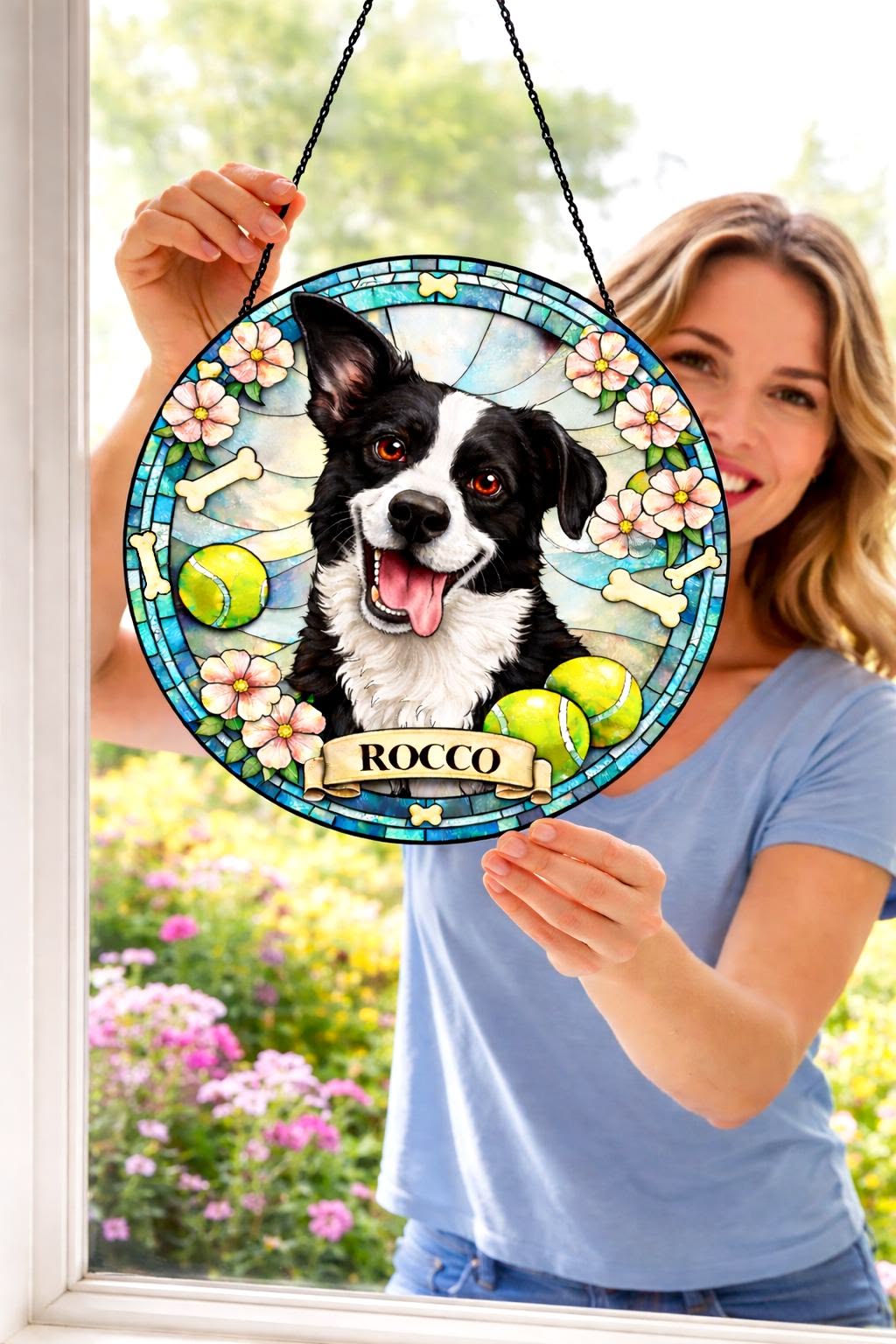 Personalized stained glass pet portrait suncatcher featuring a Border Collie named Rocco